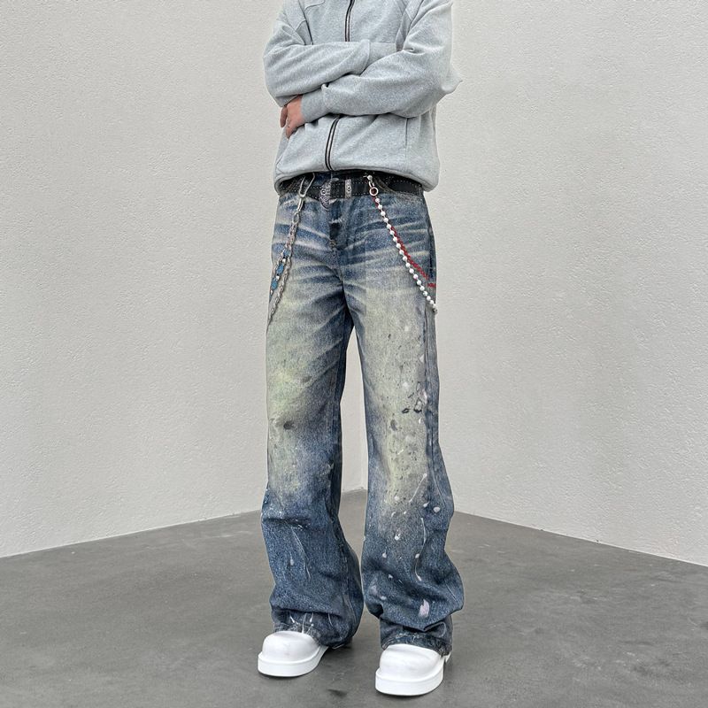 Women's Clothing 3D Printed Straight Loose Ink Splashed Print High Distressed Jeans_mkmklike.com