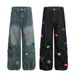 American High Street Floral Embroidery Cargo Jeans Men's Niche Design Pleated Deconstructed Loose Straight Pants Trendy_mkmklike.com