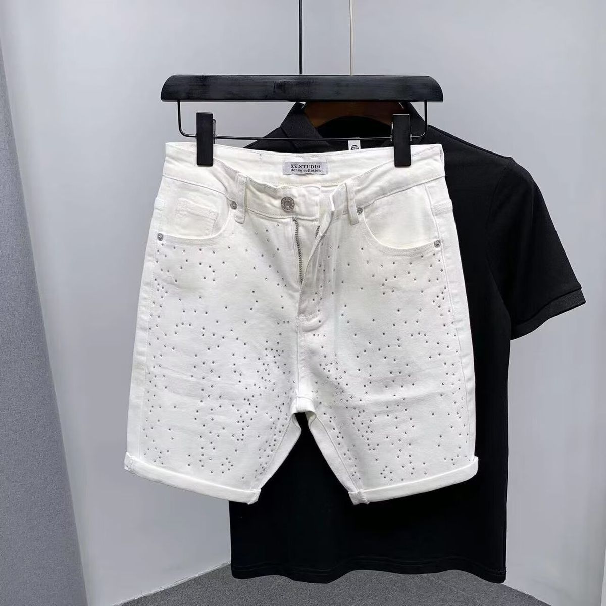 Men's Clothing Rhinestone Embellished Denim Shorts High Street Style New Summer Five Point Pants Summer Style_mkmklike.com