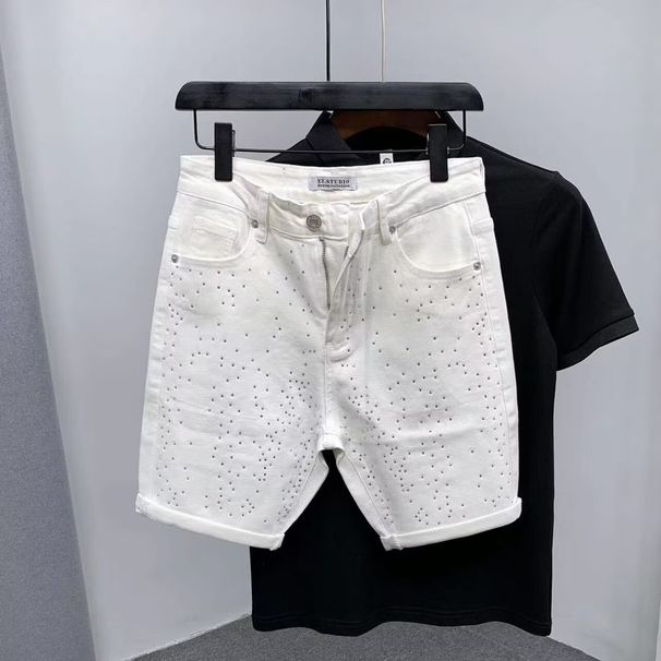 Men's Clothing Rhinestone Embellished Denim Shorts High Street Style New Summer Five Point Pants Summer Style_mkmklike.com