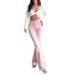 Women's High-Waisted Pink Washed Flared Jeans Double Button Retro Distressed Trousers European American Style_mkmklike.com