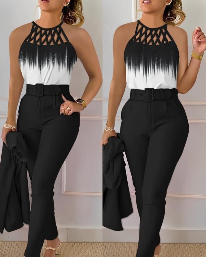 Women's Clothing autumn and summer temperament commuting print cross strap gradient top + solid color slim pants two piece set_mkmklike.com