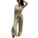 Women's clothing fashion solid color lace short long-sleeved top wide-leg pants two-piece set_mkmklike.com