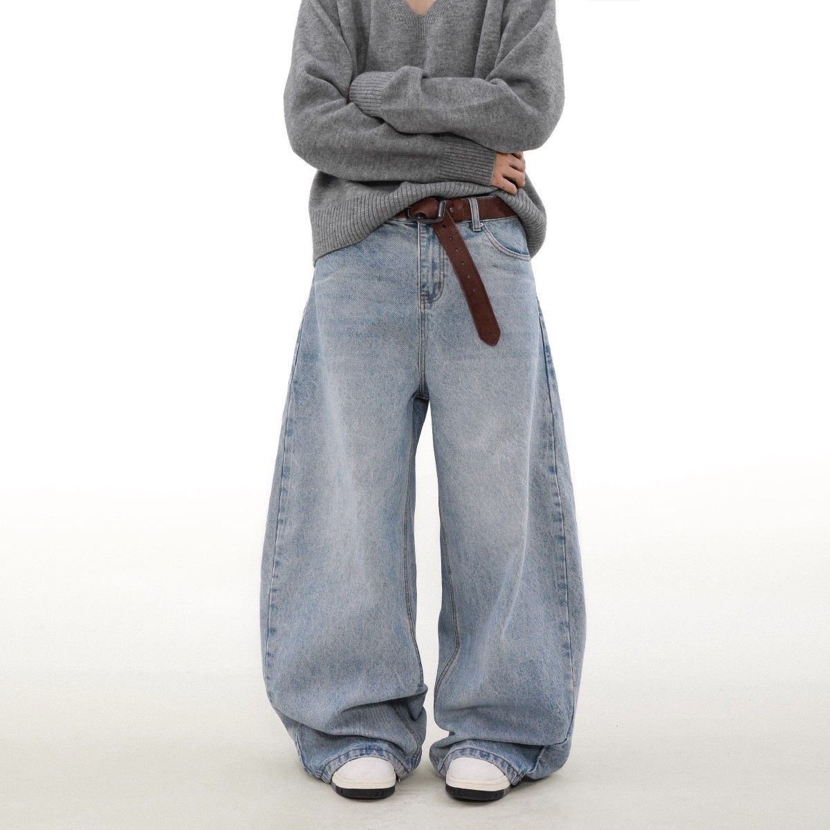 Men's Versatile Whiskered Casual Drape Zippered Straight Leg Jeans Turquoise Stone Wash Spring Autumn_mkmklike.com