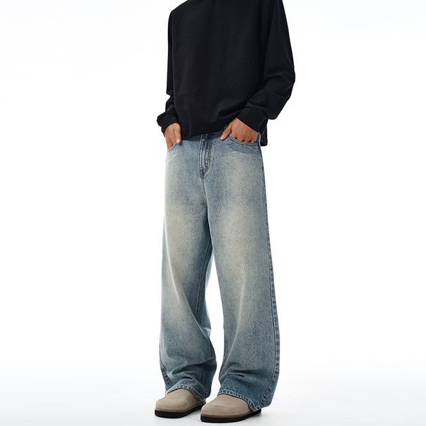 Men's New Lyocell Heavyweight Washed Straight Leg Jeans Cleanfit Simple Wide Leg Pants_mkmklike.com