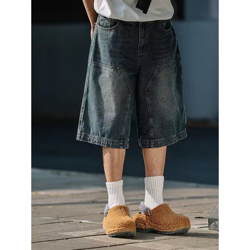 Vintage Washed Denim Shorts for Men Retro Blue Distressed High Street Wide Leg Casual Cargo Capri Pants_mkmklike.com