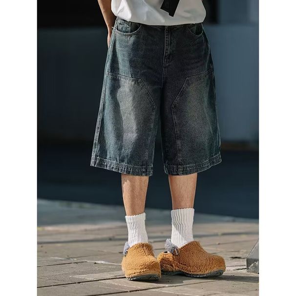 Vintage Washed Denim Shorts for Men Retro Blue Distressed High Street Wide Leg Casual Cargo Capri Pants_mkmklike.com