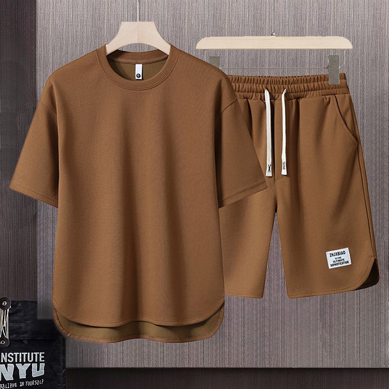 Men's Clothing Summer fashion brand new short sleeved T suit men's loose large size shorts set advanced handsome waffle two piece suit_mkmklike.com