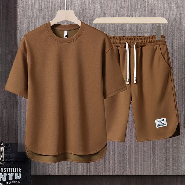 Men's Clothing Summer fashion brand new short sleeved T suit men's loose large size shorts set advanced handsome waffle two piece suit_mkmklike.com