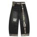 Color Block Patchwork Distressed Denim Scimitar Pants Men's High Street Trendy Vibe With Belt Loose Wide-Leg Trousers_mkmklike.com