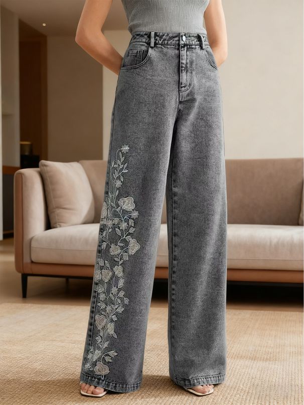 Heavy Embroidered Stretch Denim Pants – Retro High-Waisted Flared Jeans For Women_mkmklike.com