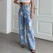 Retro Floral Print Jeans – High-Waisted Wide Leg (Blue, Cotton Blend, Boho Chic S-XL, Washed & Non-Stretch For Authentic Vintage Feel)_mkmklike.com
