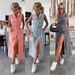 Women's Clothing New Sleeveless Long Tie Waist Single Breasted Denim Dress_mkmklike.com