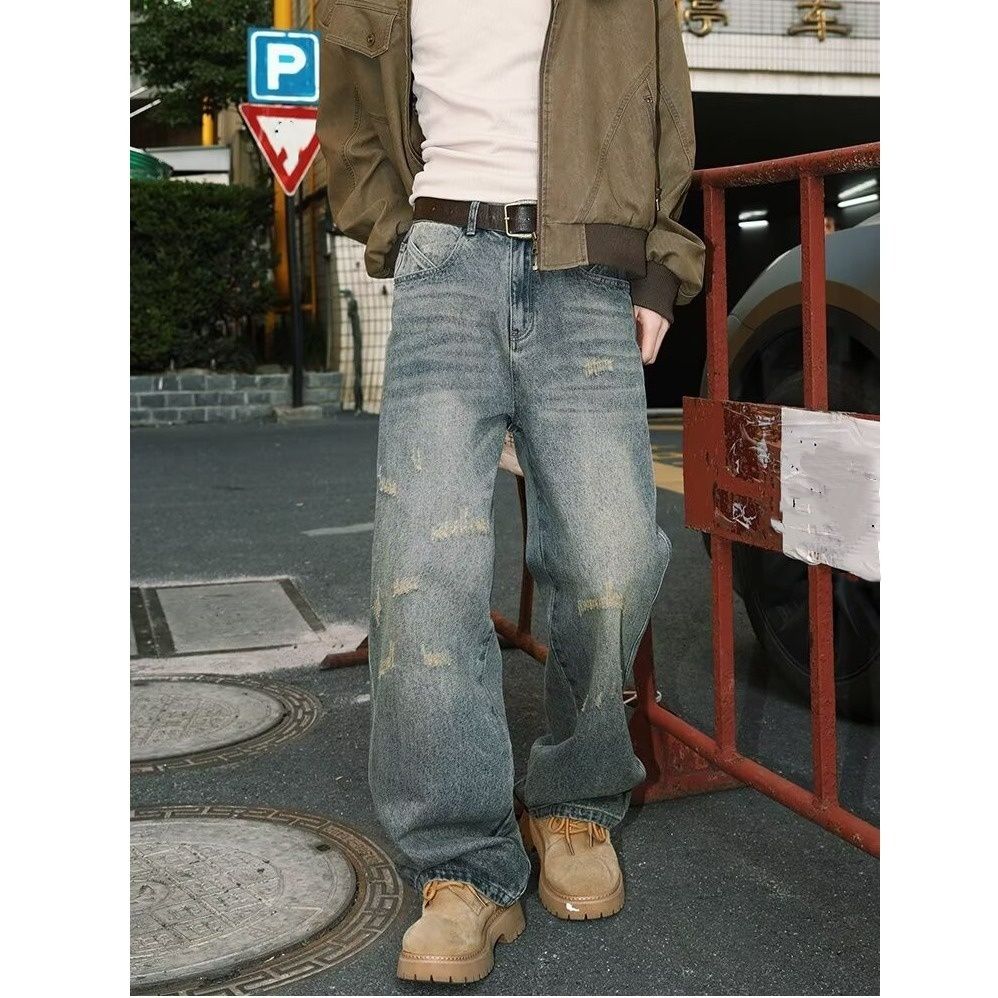 "Patchwork Wide-Leg Jeans – Retro High Street Style | Unisex Straight Fit With Distressed Details"_mkmklike.com