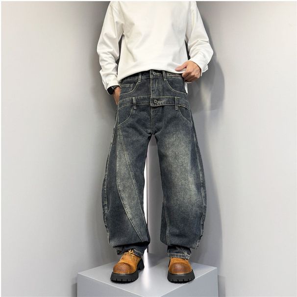 Men's Plus Size Loose Straight Leg Jeans Autumn Washed Style Trendy Wide Leg Curved Blade Pants Mid Waist Slight Stretch_mkmklike.com