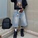 Men's And Women's Streetwear Denim Shorts Straight Wide Loose Capri Rhinestone Decorated_mkmklike.com