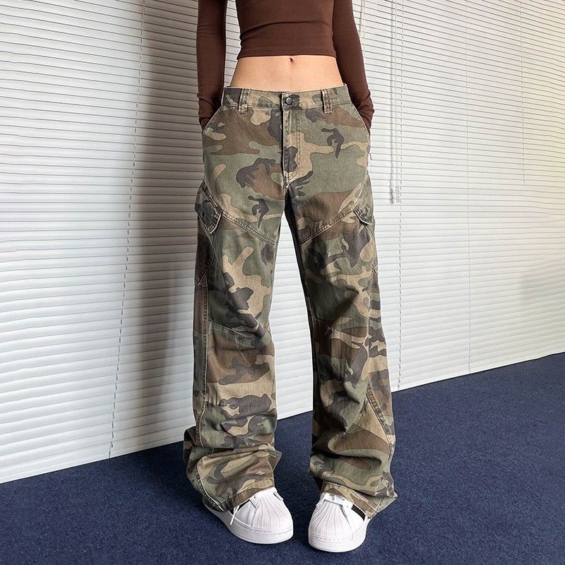 Women’s Clothing slanted pocket design camouflage overalls loose slightly flared straight pants for men and women autumn new styles_mkmklike.com