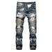 Men's clothing supply menswear stretch black jeans biker miscellaneous patchwork denim pants_mkmklike.com