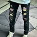 Black Splatter Paint & Red Rhinestone Patch Jeans – Distressed Slim Fit Denim Pants For Streetwear_mkmklike.com