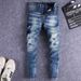Men's Clothing Men's High Street Fashion Ripped Jeans Trendy Distressed Blue Washed Tie Dye Retro Slim Fit Skinny Jeans_mkmklike.com