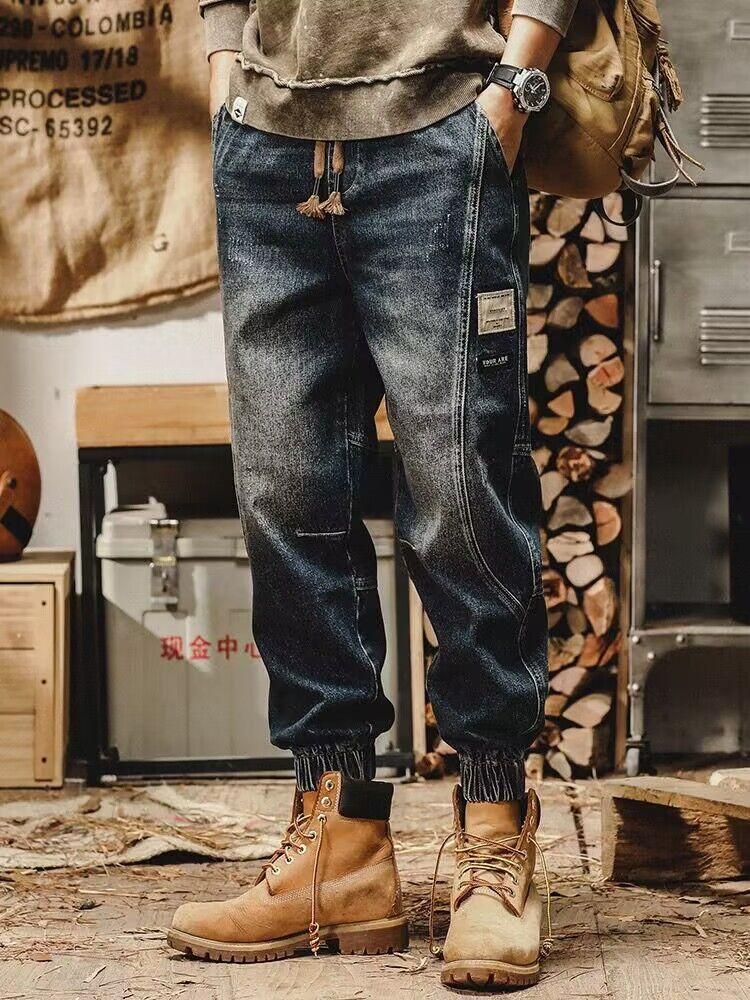 Men's American Style Casual Loose Straight Leg Jeans Elastic Waist Trendy Versatile Jogger Pants Retro Harem Trousers_mkmklike.com