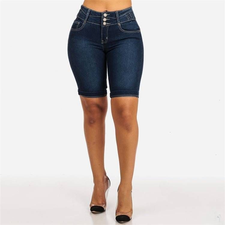 Women's Clothing Summer Fashion All Match Intellectual Goddess Cuff Shorts Slim Pocket Slim Hip Solid Color Jeans_mkmklike.com