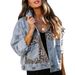 Women's Distressed Leopard Print Denim Jacket Button Down Washed Long Sleeve Ripped Cheetah Design_mkmklike.com