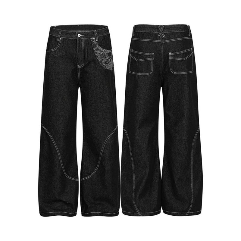 Men's Vintage Slim Fit Denim Jeans Snake Print Selvedge Burnout Floral Jacquard Straight Leg Pants_mkmklike.com