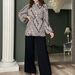 Women's clothing fashion pleated temperament puff sleeve shirt high waist wide leg pants suit_mkmklike.com