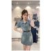 ELLE Summer New Style Petite Chic Retro Short Sleeve Slimming Elegant Denim Bodycon Mini Dress_mkmklike.com