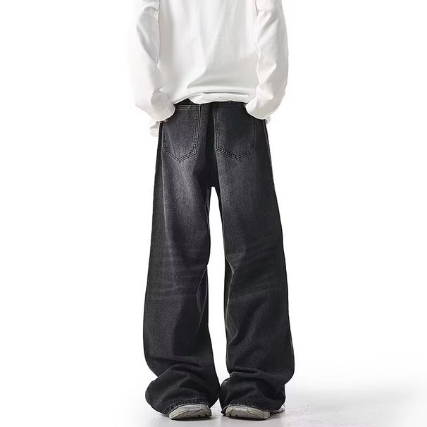 Men's Stretch Jeans Loose Straight Leg Wide Leg Pants Yellow Mud Dye Autumn Wash_mkmklike.com