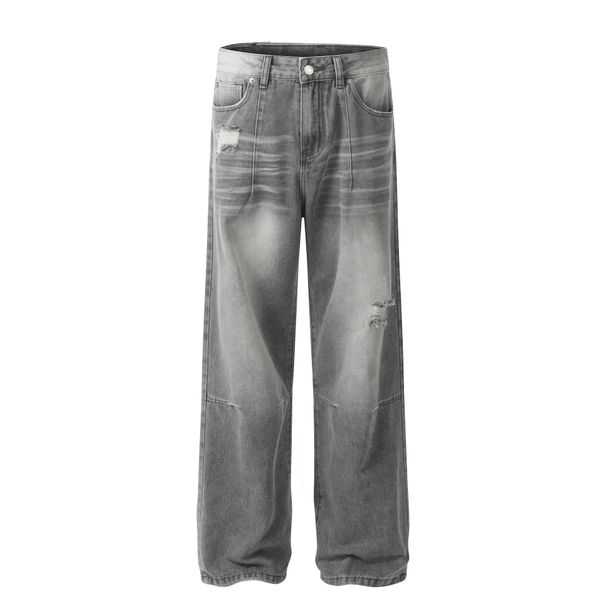 Men's Clothing Retro 2025 Trendy Street Heavy Washed Worn Design Loose Men's And Women's Denim Trousers_mkmklike.com