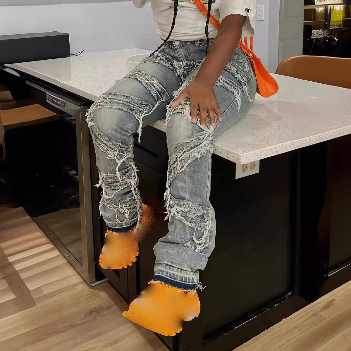 Women's Clothing Denim Layered Ripped Washed Straight Tassel Fashion Casual Jeans_mkmklike.com