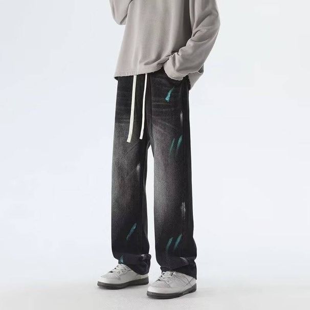 Men's Clothing Splashed White Jeans For Men With Drawstrings For Autumn American High Street Vibe Straight Loose Trendy Brand Elastic Waist Trousers_mkmklike.com