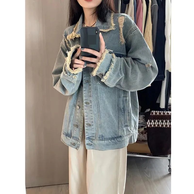 Women's Blue Denim Jacket - Vintage Workwear Style With Princess Touch, Casual Long Sleeve U-Neck Coat For Spring & Autumn_mkmklike.com