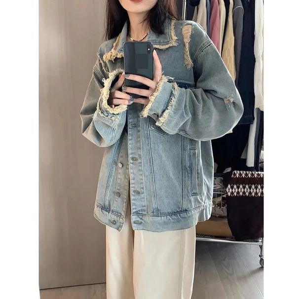 Women's Blue Denim Jacket - Vintage Workwear Style With Princess Touch, Casual Long Sleeve U-Neck Coat For Spring & Autumn_mkmklike.com
