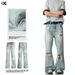 Men's Clothing Vintage Washed Blue Distressed Flared Jeans For Men & Women - High Street Vibe, Loose Fit, Slimming Summer Casual Pants_mkmklike.com