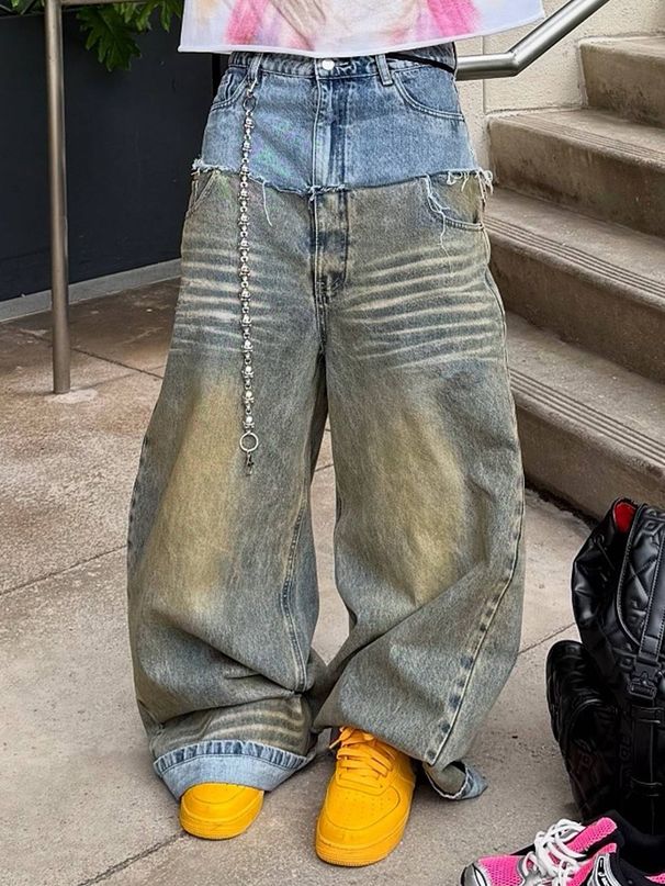 Men's Clothing 26 High Street Fashion Brand Heavy Washed Distressed Deconstructed Patchwork Wide Leg Jeans Men's Street Hip Hop Loose Straight Pants_mkmklike.com