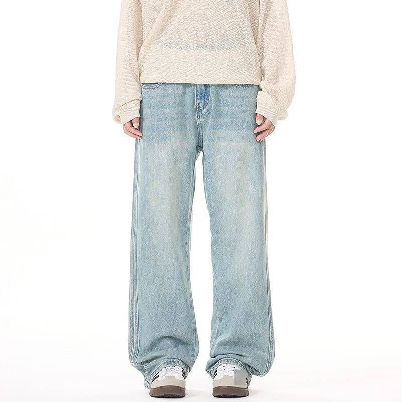Men's Autumn/Winter Retro Casual Loose Straight Leg Jeans Midweight Cotton Washed Distressed Versatile Wide Leg Blue Black_mkmklike.com