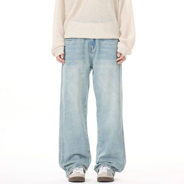 Men's Autumn/Winter Retro Casual Loose Straight Leg Jeans Midweight Cotton Washed Distressed Versatile Wide Leg Blue Black_mkmklike.com
