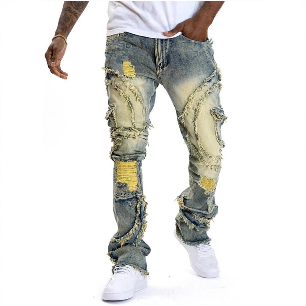 New Product 2025 European-Amecian Fashion Skinny Jeans Men's Cotton Mid Waist Splicing Trendy Tassel Elastic Micro Flared Stretch Denim Pants_mkmklike.com