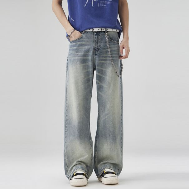 Men's Clothing Men's Spring Style Flared Jeans Washed Distressed Whiskers Straight Leg Loose Fit Wide Leg Casual Trousers_mkmklike.com