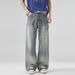 Men's Clothing Men's Spring Style Flared Jeans Washed Distressed Whiskers Straight Leg Loose Fit Wide Leg Casual Trousers_mkmklike.com