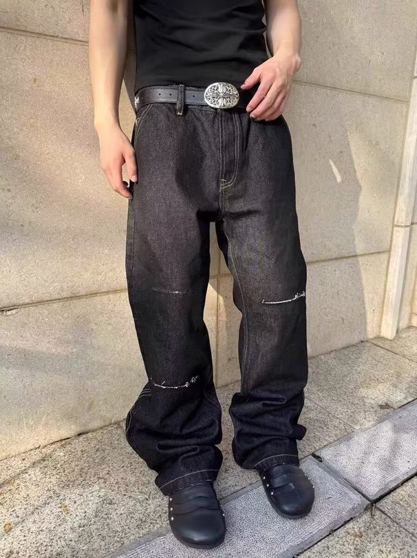 Men's High Street Vintage Jeans – Slim Fit With Subtle Flare, Retro Black Denim For Urban Streetwear (Sizes S-3xl)_mkmklike.com
