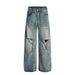Men's Clothing Retro Street Neutral High End Washed Blue Street Tide Hole Design Loose Men's Scimitar Jeans_mkmklike.com