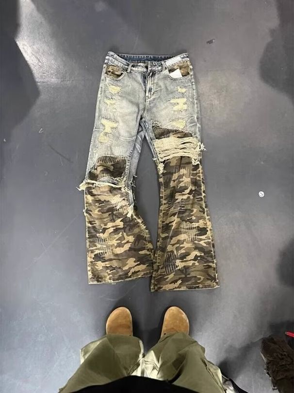 BOY American Retro Two-Piece Jeans For Men With Unique Design, High-End Camouflage Patchwork, Clean Fit Straight Pants_mkmklike.com