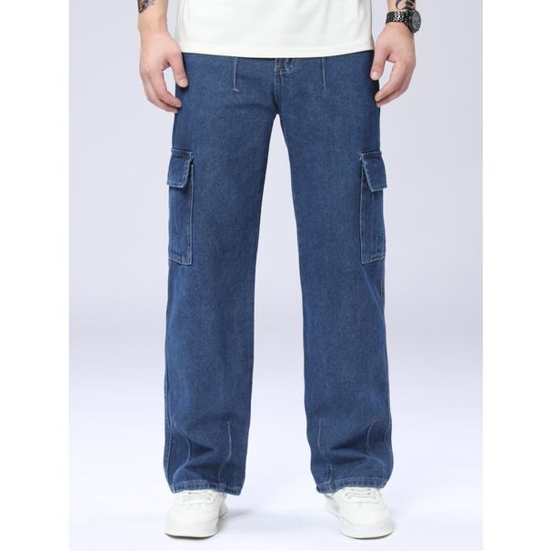Four Season Versatile Dark Blue Non Elastic Work Clothes, Multi Pocket Jeans, Outdoor Casual Fashion, Wide Leg Loose Casual Jeans, Men's Clothing_mkmklike.com