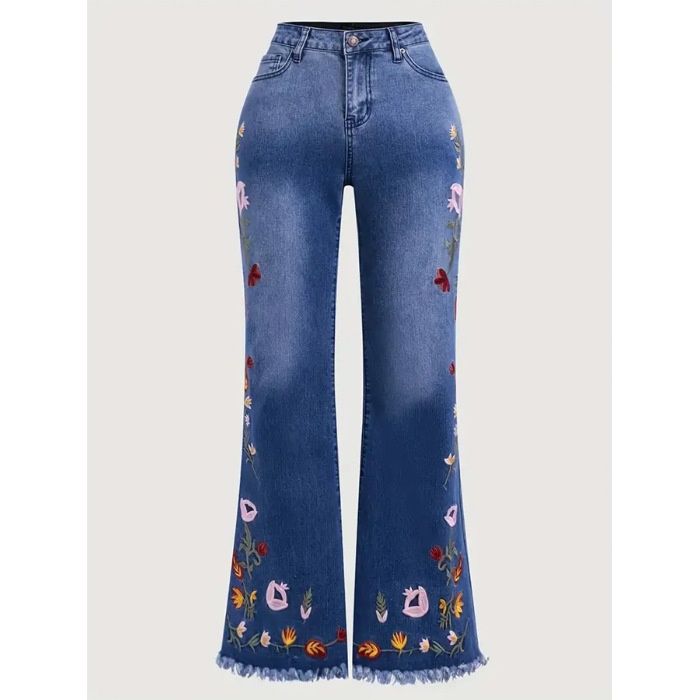 Cross-border, Vintage Dark Blue, Embroidered Jeans Women, Mid-high Waist, Extended Length, Floor-length Flared Pants For_mkmklike.com