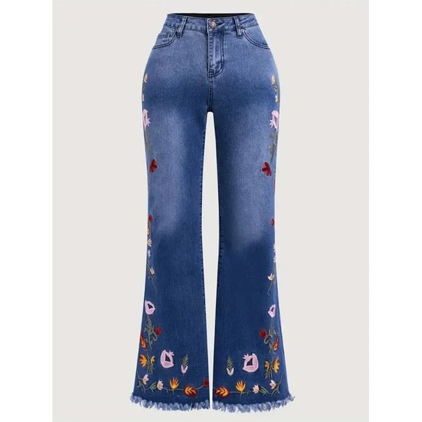 Cross-border, Vintage Dark Blue, Embroidered Jeans Women, Mid-high Waist, Extended Length, Floor-length Flared Pants For_mkmklike.com