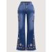 Cross-border, Vintage Dark Blue, Embroidered Jeans Women, Mid-high Waist, Extended Length, Floor-length Flared Pants For_mkmklike.com